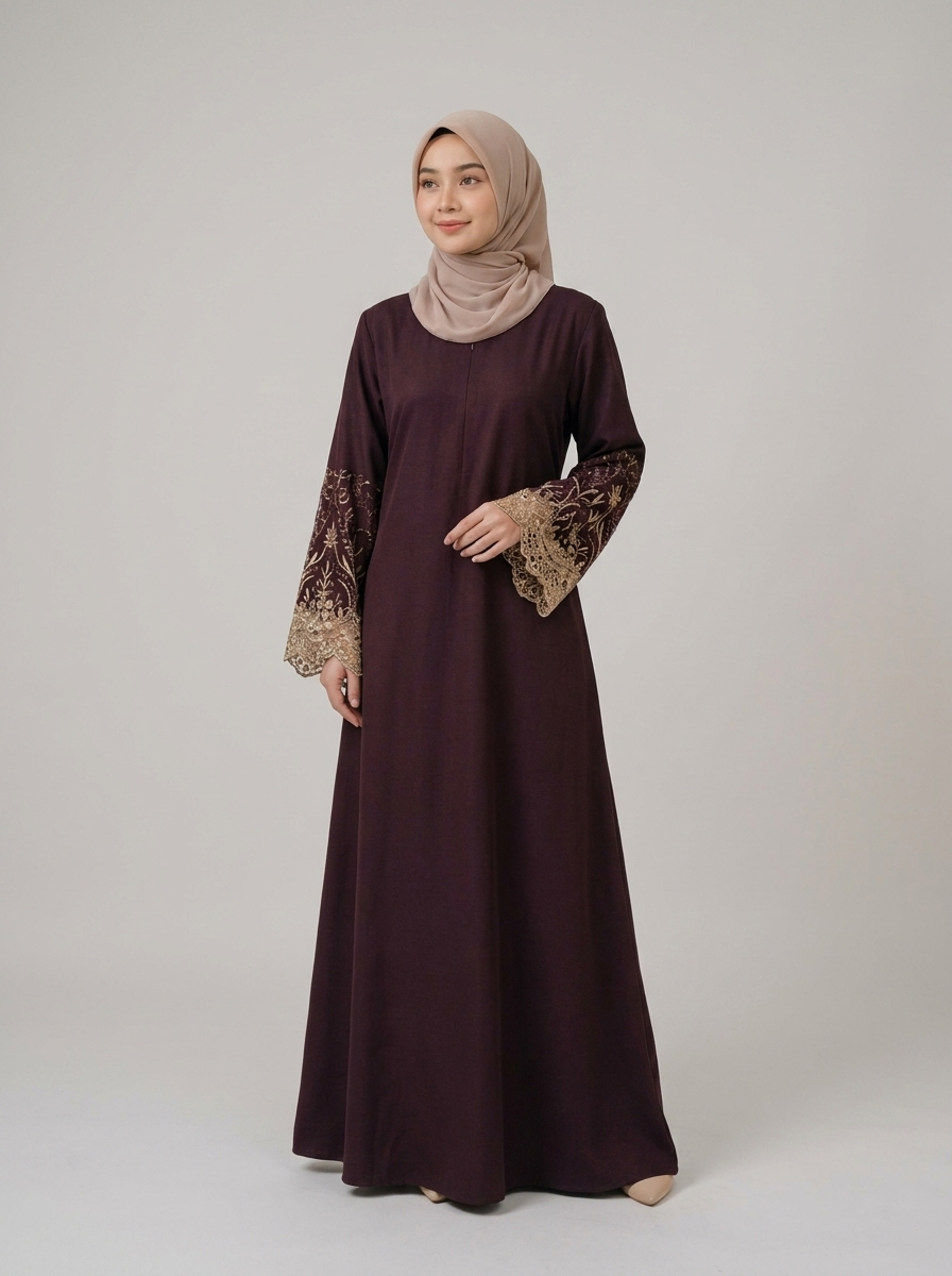 Wine Lace-Cuff Abaya