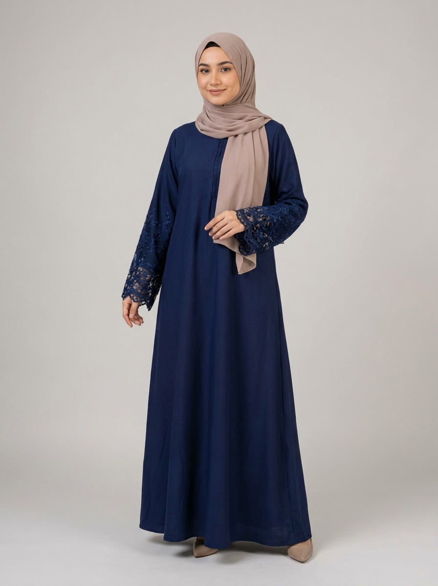 Midnight Navy Lace-Cuff Abaya