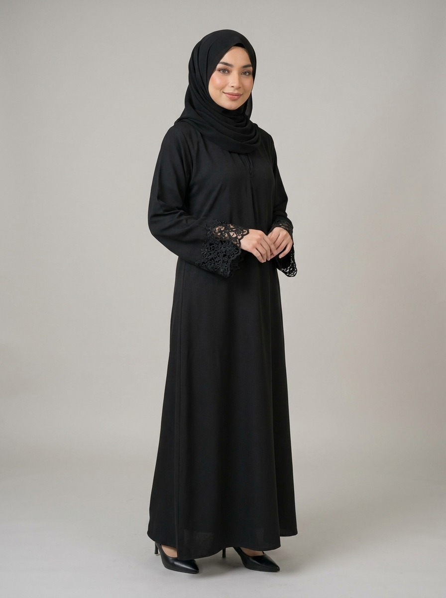 Noir Lace-Cuff Abaya