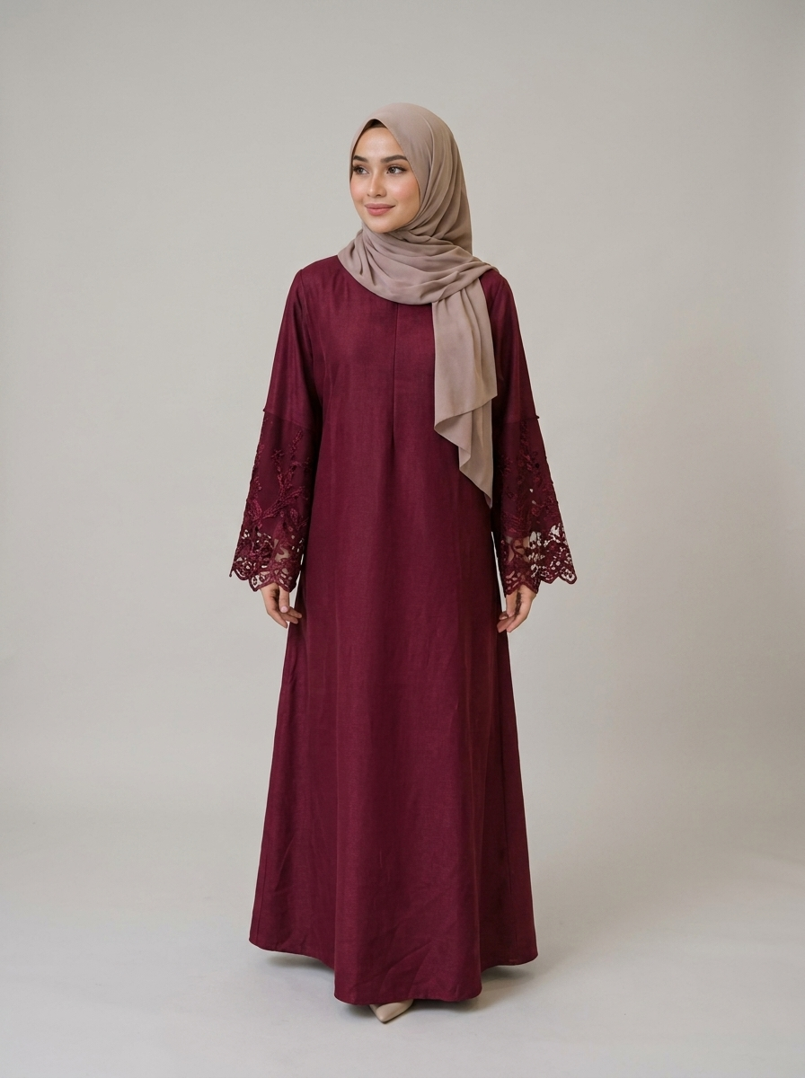 Aubergine Lace-Cuff Abaya