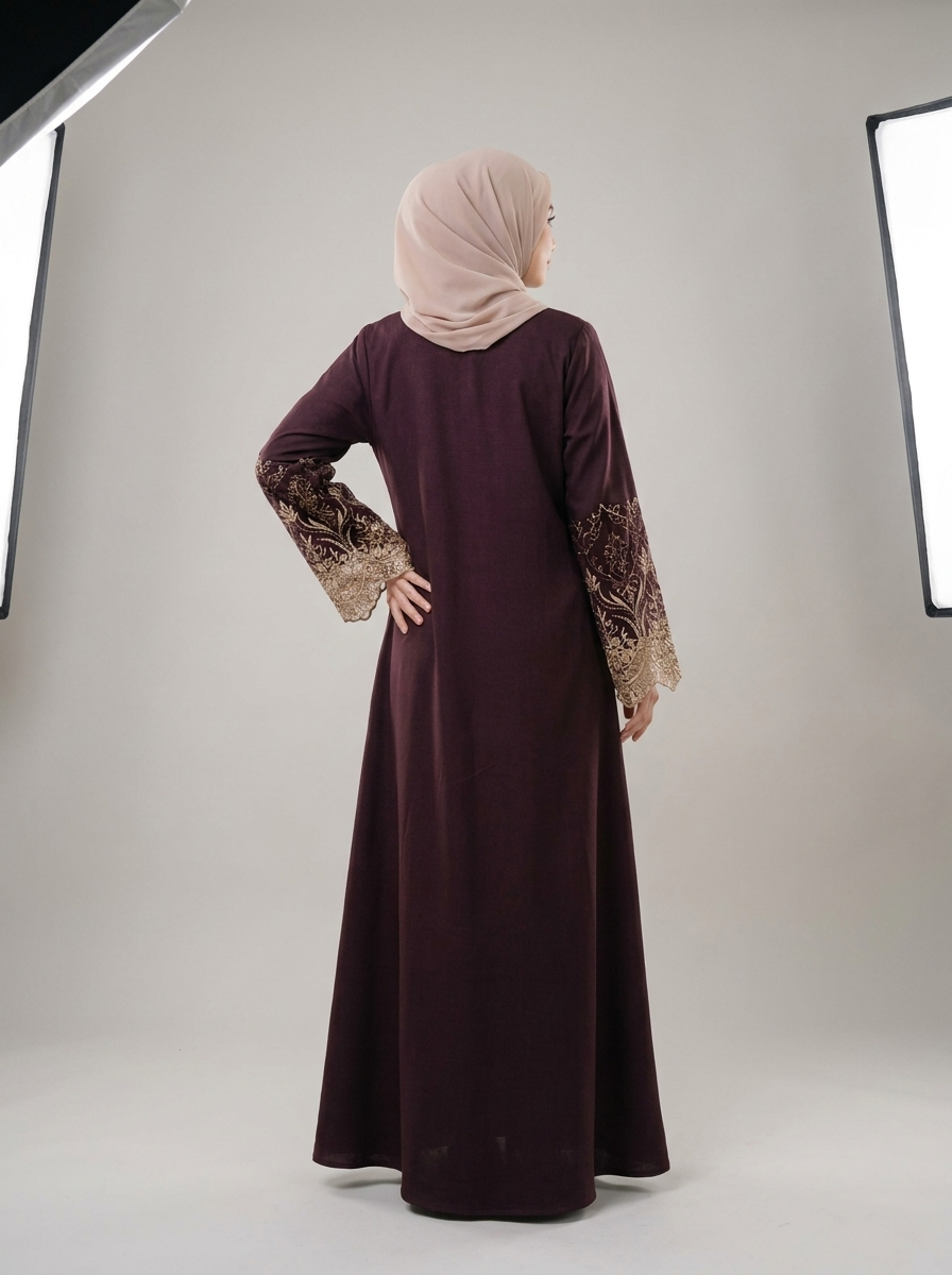 Wine Lace-Cuff Abaya