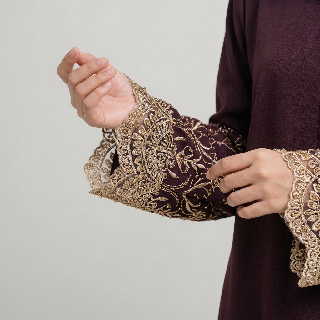 Wine Lace-Cuff Abaya