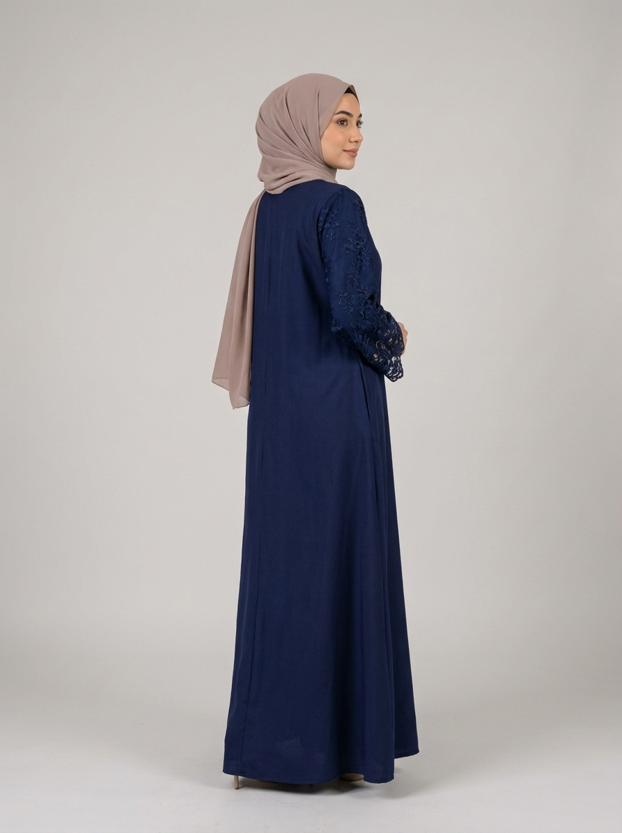 Midnight Navy Lace-Cuff Abaya