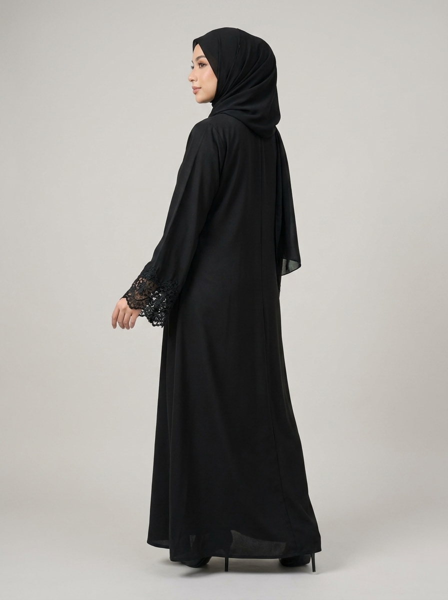 Noir Lace-Cuff Abaya