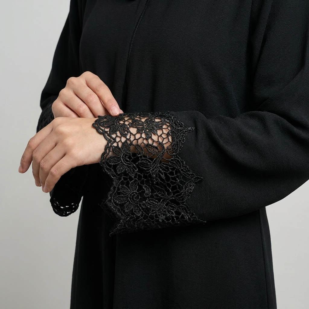 Noir Lace-Cuff Abaya